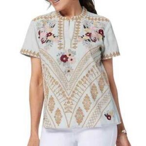 Tolani Collection Short Sleeve Floral Embroidered Boho Top Blouse 100% Cotton M